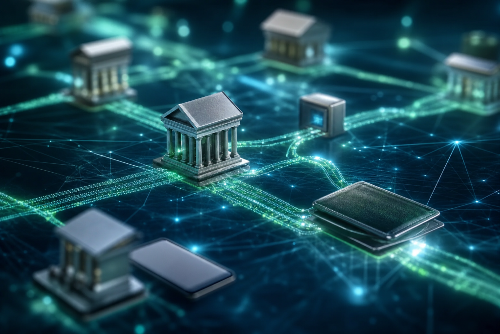 Consórcio de cooperativas realiza primeira transferência interbancária com Drex em parceria com o Banco do Brasil Representação visual de uma transferência digital entre instituições financeiras em uma rede baseada em blockchain.