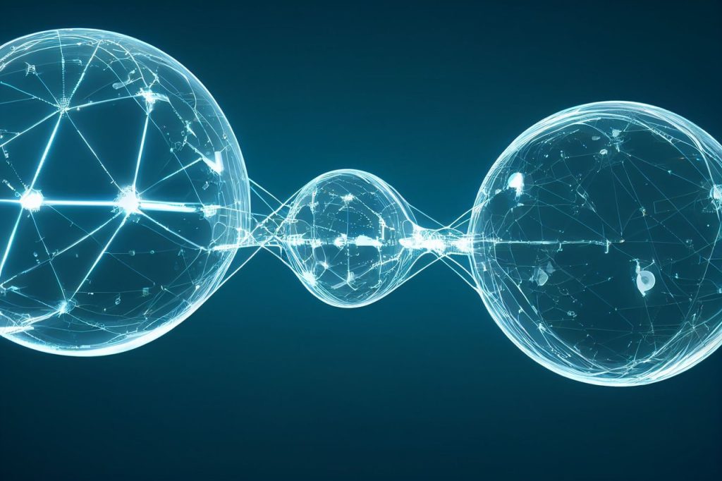 Drex mira aplicações próprias e amplia espaço para testes no sistema financeiro Esferas digitais interconectadas por linhas luminosas, representando uma rede tecnológica futurista.